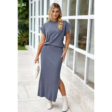 Pink Queen 2024 Trendy 2 Piece Sweater Outfits for Wome Date Night Fall Round Neck Cap Sleeve Tee Top and Bodycon Midi Skirts Set Loungewear Haze Blue S