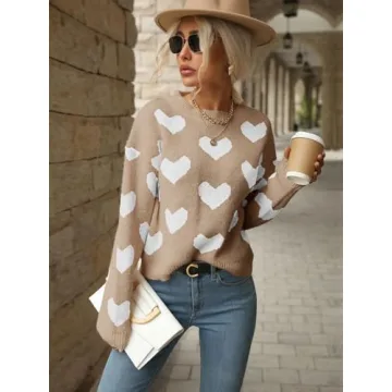 Akivide Women's Cute Aesthetic Heart Cream Sweaters Trendy Fall Pullover Crewneck Long Sleeve Soft Knitted Sweater Top
