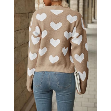Akivide Women's Cute Aesthetic Heart Cream Sweaters Trendy Fall Pullover Crewneck Long Sleeve Soft Knitted Sweater Top