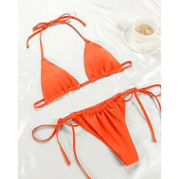 Women Halter String Bikini Set Sexy Thong Cheeky Two Piece Swimsuits Solid Color Bathing Swimwear