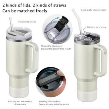 TEAMVV 40 oz Tumbler with Handle and Straw Lid,Insulated Cup Reusable 304 Stainless Steel Water Bott...