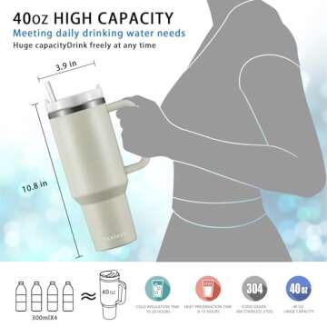 TEAMVV 40 oz Tumbler with Handle and Straw Lid,Insulated Cup Reusable 304 Stainless Steel Water Bottle Travel Mug Cupholder Friendly for Coffee,Smoothie or Water,Iced Tea(Dune)
