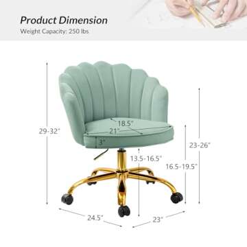 HULALA HOME Velvet Home Office Chair with Gold Base, Womans Modern Cute Shell Back Upholstered Desk ...