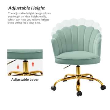 HULALA HOME Velvet Home Office Chair with Gold Base, Womans Modern Cute Shell Back Upholstered Desk Chair for Vanity, Adjustable Swivel Task Chair for Living Room, Sage Chair for Desk