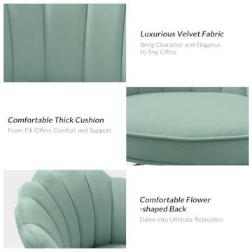 HULALA HOME Velvet Home Office Chair with Gold Base, Womans Modern Cute Shell Back Upholstered Desk Chair for Vanity, Adjustable Swivel Task Chair for Living Room, Sage Chair for Desk