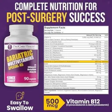 ProCare Health Bariatric Multivitamin with Iron (90 Capsule) - 45mg Iron with Reduced B12 - Post Op Bariatric Vitamins for Gastric Bypass Sleeve Patients, Sustains Recovery & Energy (03 Month Supply)