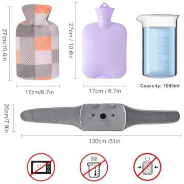 Hot Water Bag, Hot Water Bottle wtih Cover, 1L Rubber Warm Hot Water Bottles Pouch with 130cm Long Soft Waist Cover for Neck, Shoulder, Back, Hand, Legs and Period Pain Relief