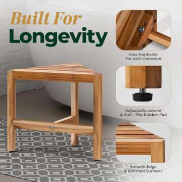 Bme Shower Foot Rest for Shaving Legs, Multifunction Teak Corner Shower Shelf, Easy Install Bathroom Corner Shelf with Anti-Rust Hardware & Adjustable Leveler, Space-Saving & Easy Maintenance