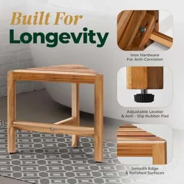 Bme Shower Foot Rest for Shaving Legs, Multifunction Teak Corner Shower Shelf, Easy Install Bathroom Corner Shelf with Anti-Rust Hardware & Adjustable Leveler, Space-Saving & Easy Maintenance