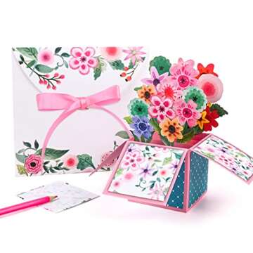 Giiffu 3D Popup Floral Greeting Cards Mothers Day Flower Greeting Cards,Birthday Gift Card for Women,Paper Bouquet All Occasion Card with Envelope and Notecard for Thank You,Anniversary,Get Well