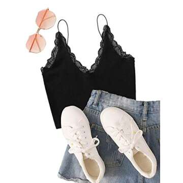 SweatyRocks Women's Casual V Neck Sleeveless Lace Trim Crop Cami Top Black M