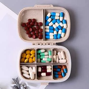 Zuihug 1Pack Daily Pill Organizer Box - Portable Pill Organizer Travel Case, Compact Pill Box and Pill Holder for Pocket Purse- Keep Your Medications Organized On-The-Go (Beige)