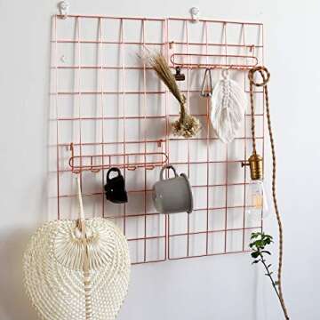 FRIADE Rose Gold Grid Hooks Rack for Wall Grid Panel,Hanging Hooks for Wall Grid Storage and Display，Size 10.7”x 2.8”x1.8 ”,2 Pack