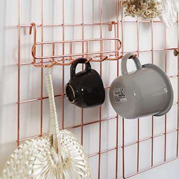 FRIADE Rose Gold Grid Hooks Rack for Wall Grid Panel,Hanging Hooks for Wall Grid Storage and Display，Size 10.7”x 2.8”x1.8 ”,2 Pack