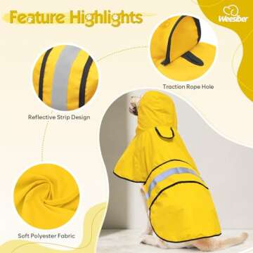 Weesiber Dog Raincoat, Adjustable Waterproof Dog Rain Jacket Poncho with Reflective Strip and Leash Hole, Lightweight Pet Rain Coat for Small to X-Large Doggos (XL, Yellow)