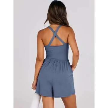 Caracilia Womens Athletic Romper Summer Casual Workout Running Jumpsuits One Piece Gym Yoga Outfits Beach Vacation Clothes Blue