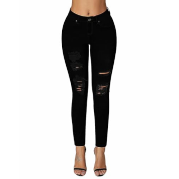 Roswear Women's Essentials Ripped Mid Rise Destroyed Skinny Jeans - Black