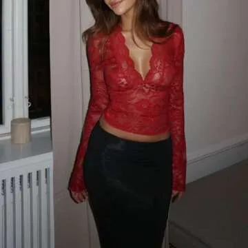 Chloefairy Sexy Women's Lace Blouse Flared Sleeve Deep V-Neck Lace Floral See Through Slim Fit Mesh Sheer Crop Tops Clubwear (Red, S)