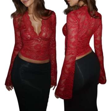 Chloefairy Sexy Women's Lace Blouse Flared Sleeve Deep V-Neck Lace Floral See Through Slim Fit Mesh Sheer Crop Tops Clubwear (Red, S)