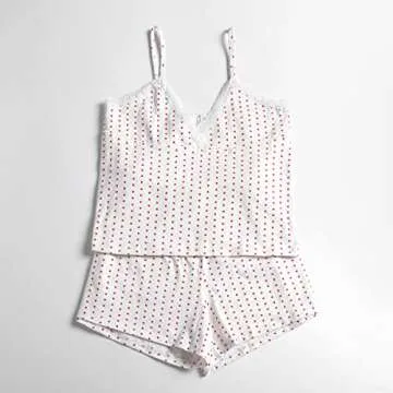 BHMAWSRT Women's Girls 2PCs Pajamas Sets Y2k Lace Trendy Sleeveless Heart Print Cami Tops and Shorts Matching Sleepwear (White, S)