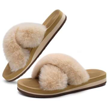 COFACE Womens Fuzzy Slides Fluff Fax Fur Cross Slippers Open Toe Yoga Mat House Slippers Sandals Wit...