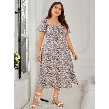 Floerns Plus Size Floral Midi Dress in Purple, 3XL
