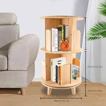 RustyVioum 2 Tier Rotating Bookshelf, 360 Display Floor Standing Bookcase Storage Rack, Multi-Functional Freestanding Bookshelf Organizer for Kids&Adults, Wood