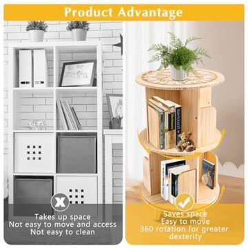 RustyVioum 2 Tier Rotating Bookshelf, 360 Display Floor Standing Bookcase Storage Rack, Multi-Functional Freestanding Bookshelf Organizer for Kids&Adults, Wood