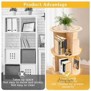 RustyVioum 2 Tier Rotating Bookshelf, 360 Display Floor Standing Bookcase Storage Rack, Multi-Functional Freestanding Bookshelf Organizer for Kids&Adults, Wood