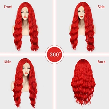 WECAN Long Wavy Red Synthetic Wig for Cosplay & Parties