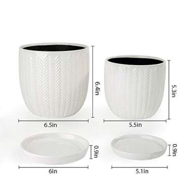 Voeveca Ceramic Flower Pot Garden Planters 6.5" and 5.5" Set of 2 with Drinage and Saucer Indoor Outdoor, Modern Nordic Style Plant Containers (White)