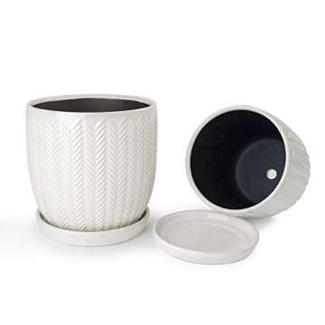 Voeveca Ceramic Flower Pot Garden Planters 6.5" and 5.5" Set of 2 with Drinage and Saucer Indoor Outdoor, Modern Nordic Style Plant Containers (White)
