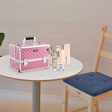 mefeir Makeup Train Case, Cosmetic Box Portable Makeup Box 12.6" L w/Adjustable Dividers, 4 Trays and 2 Locks, Professional Makeup Case Organizer, Xmas New year Birthday Mother's Day Gift (Pink)