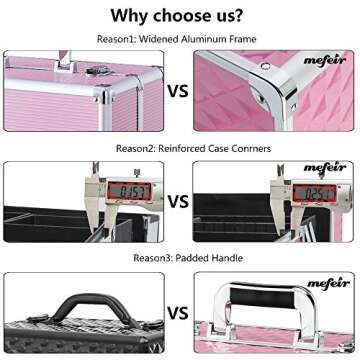 mefeir Makeup Train Case, Cosmetic Box Portable Makeup Box 12.6" L w/Adjustable Dividers, 4 Trays and 2 Locks, Professional Makeup Case Organizer, Xmas New year Birthday Mother's Day Gift (Pink)