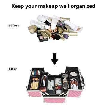 mefeir Makeup Train Case, Cosmetic Box Portable Makeup Box 12.6" L w/Adjustable Dividers, 4 Trays and 2 Locks, Professional Makeup Case Organizer, Xmas New year Birthday Mother's Day Gift (Pink)