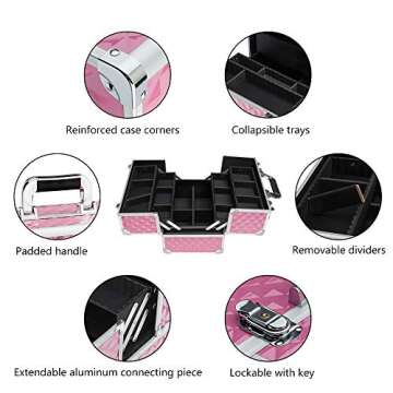 mefeir Makeup Train Case, Cosmetic Box Portable Makeup Box 12.6" L w/Adjustable Dividers, 4 Trays and 2 Locks, Professional Makeup Case Organizer, Xmas New year Birthday Mother's Day Gift (Pink)