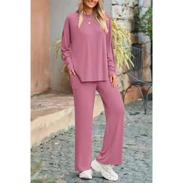 PRETTYGARDEN Women's Two Piece Lounge Sets Matching Long Sleeve Shirts Wide Leg Pants Tracksuits Travel Outfits Fall Clothes (Pink,Medium)