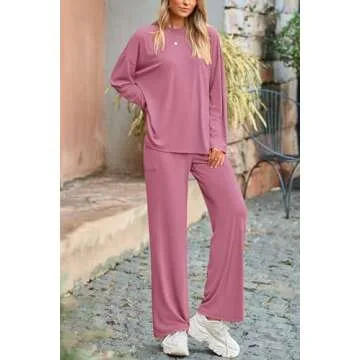 PRETTYGARDEN Women's Two Piece Lounge Sets Matching Long Sleeve Shirts Wide Leg Pants Tracksuits Travel Outfits Fall Clothes (Pink,Medium)