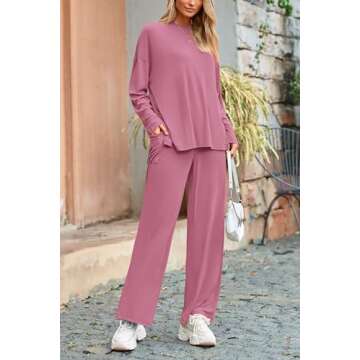 PRETTYGARDEN Women's Two Piece Lounge Sets Matching Long Sleeve Shirts Wide Leg Pants Tracksuits Travel Outfits Fall Clothes (Pink,Medium)