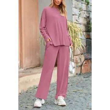 PRETTYGARDEN Women's Two Piece Lounge Sets Matching Long Sleeve Shirts Wide Leg Pants Tracksuits Travel Outfits Fall Clothes (Pink,Medium)