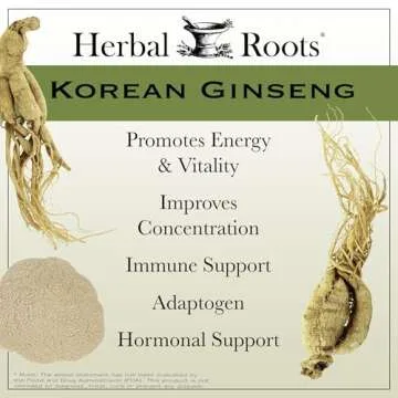 Herbal Roots Panax Ginseng | Organic Korean Ginseng Root Powder | 1000mg | High Ginsenosides for Energy & Performance | 60 Vegan Capsules