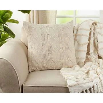 SARO LIFESTYLE 1020 McKenna Knitted Collection Vanilla Cable Knit Design Down Filled Cotton Throw Pi...