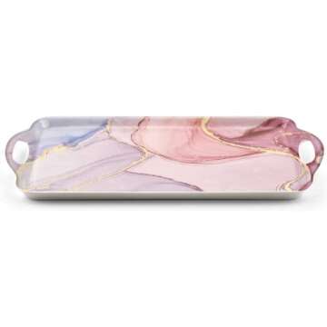Serving Tray Decorative Tray with Handles Multi-Purpose Rectangular Serving Trays for Restaurant, Parties, Coffee Table, Kitchen - Pink Marble Pattern