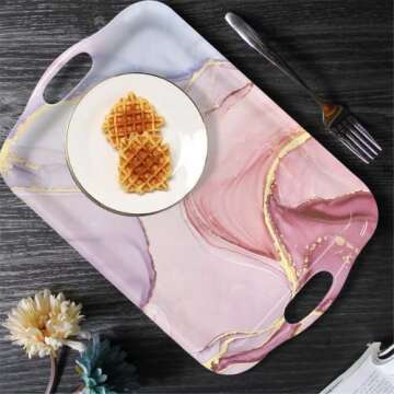 Serving Tray Decorative Tray with Handles Multi-Purpose Rectangular Serving Trays for Restaurant, Parties, Coffee Table, Kitchen - Pink Marble Pattern
