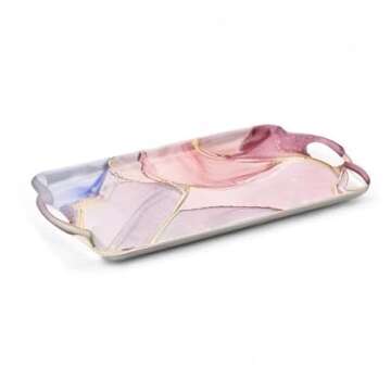 Serving Tray Decorative Tray with Handles Multi-Purpose Rectangular Serving Trays for Restaurant, Parties, Coffee Table, Kitchen - Pink Marble Pattern