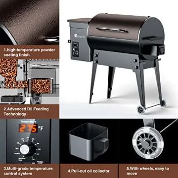 KingChii 2023 Upgrade Portable Wood Pellet Grill & Smoker Multifunctional BBQ Grill with Automatic Temperature Control Foldable Leg for Backyard Camping Cooking Bake and Roast, 341 sq in Bronze