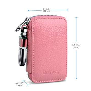 Buffway Genuine Leather Car Key Cover - Stylish Pink Key Fob Zipper Bag