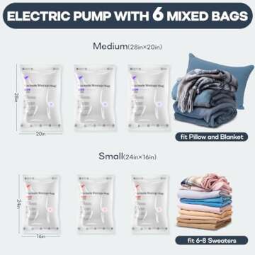 VMSTR Travel Vacuum Storage Bags with Electric Pump, 6 Pack Space Saver Bags for Clothes, Vacuum Bags for Blankets, Pillow, Toys