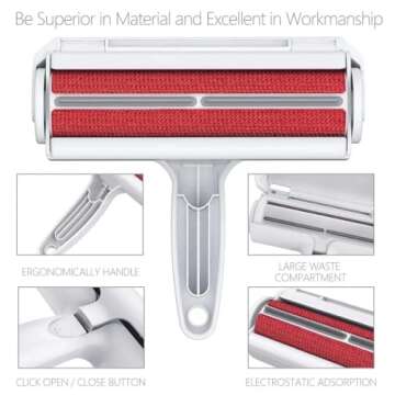 Pet Hair Remover - Reusable Dog & Cat Hair Lint Roller Brush for Couch, Carpet, Bed, Car & Clothes - Multi-Surface Eco Fur Eraser Tool (White/Red)