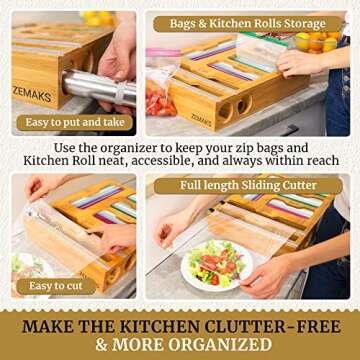 ZEMAKS Bamboo Ziplock Bag with Foil and Plastic Wrap Organizer with Cutter, Compatible with all Zip Lock Bag Sizes, any 12 Inches Roll and 14 Inches Wide Drawer
